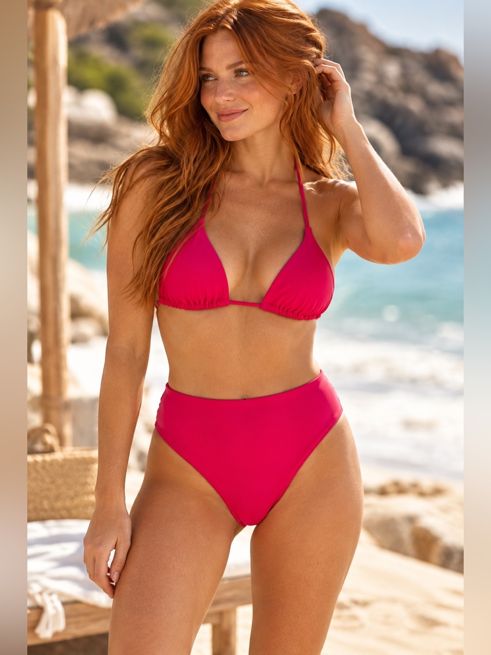 Quince NWT Fuchsia Pink Triangle Bikini Set High-Waisted Bottoms Size Medium